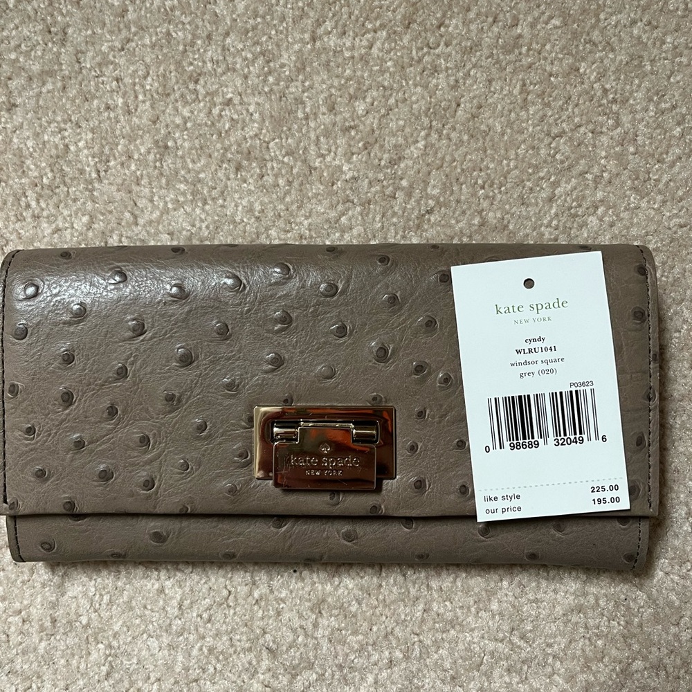 Brand new large Kate Spade New York grey and brown leather ostrich wallet